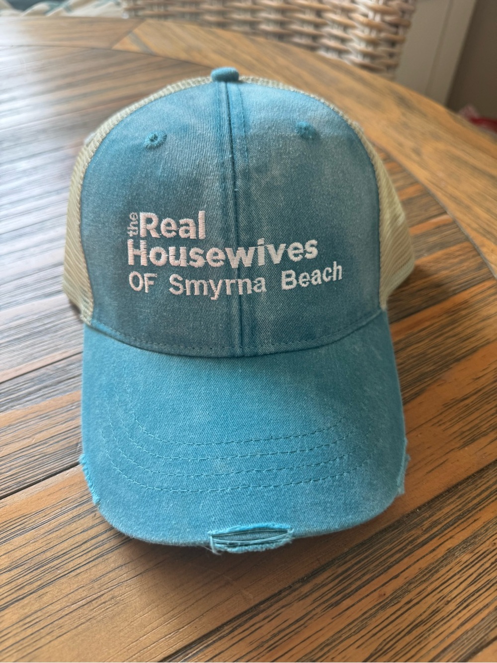 The Real Housewives of Smyrna Beach Embroidered Trucker Hat - Teal & Cream